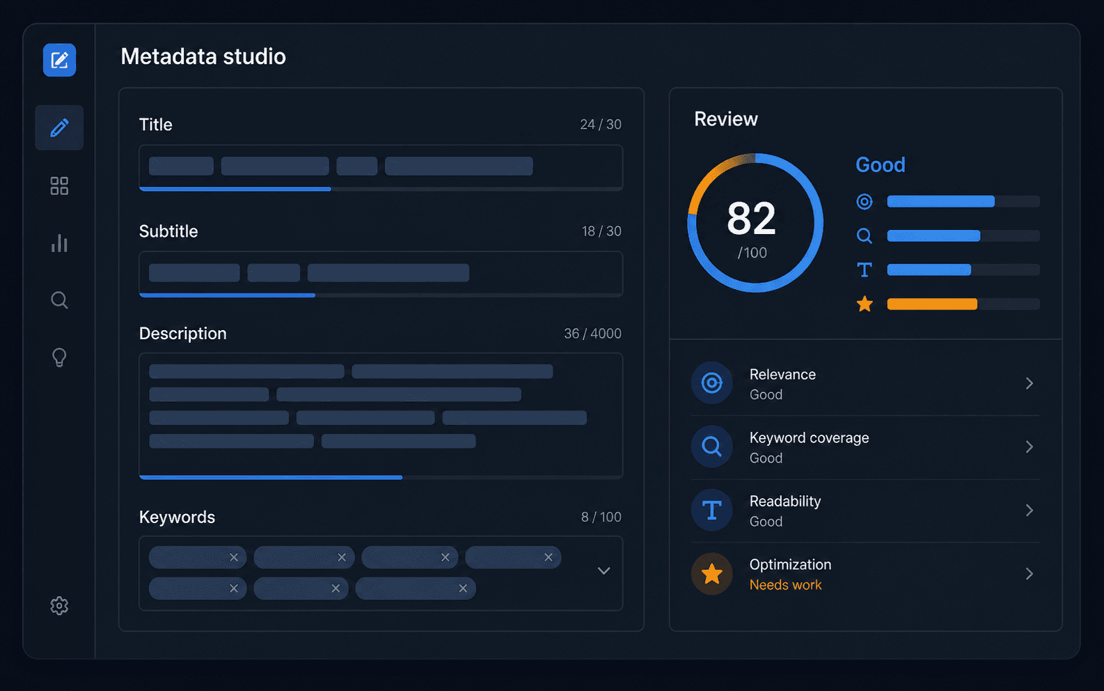 Cortex metadata studio with listing fields and an optimization review panel